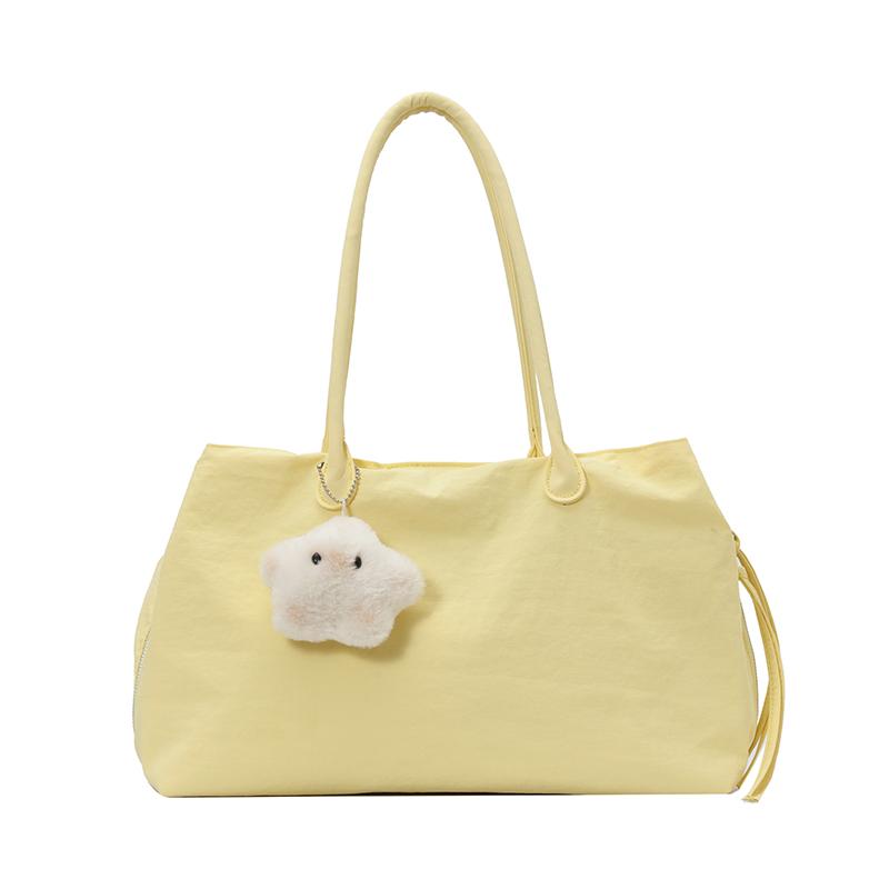 

Lightweight Nylon Tote Bag Multi-compartment Large Capacity Solid Color Shoulder Bag With Cute Star Charm Casual Commute Handbag жовтий
