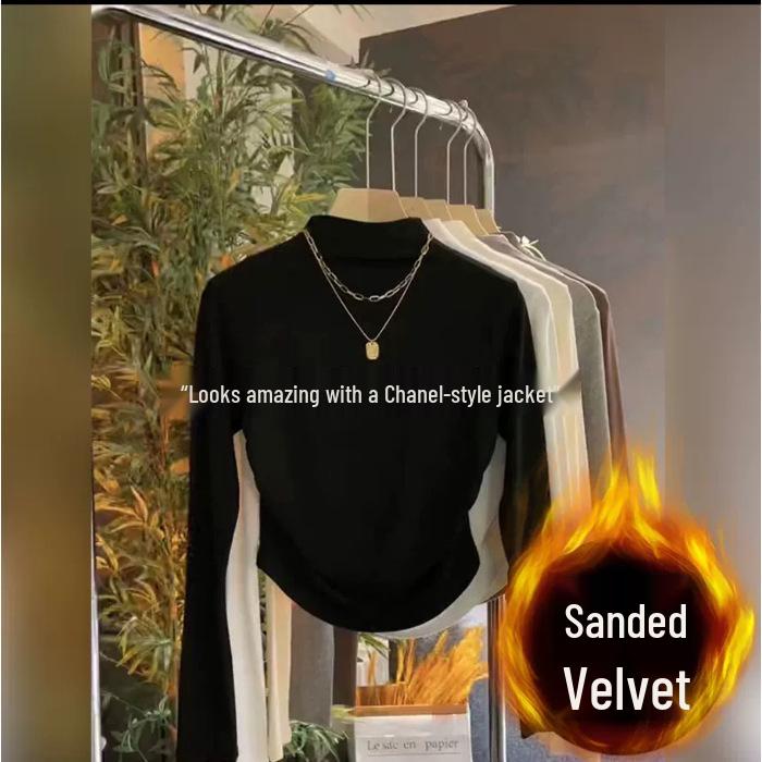 Women's Black Semi-High Neck Slim-Fit Long-Sleeve T-Shirt, Autumn/Winter with Pleated Waist