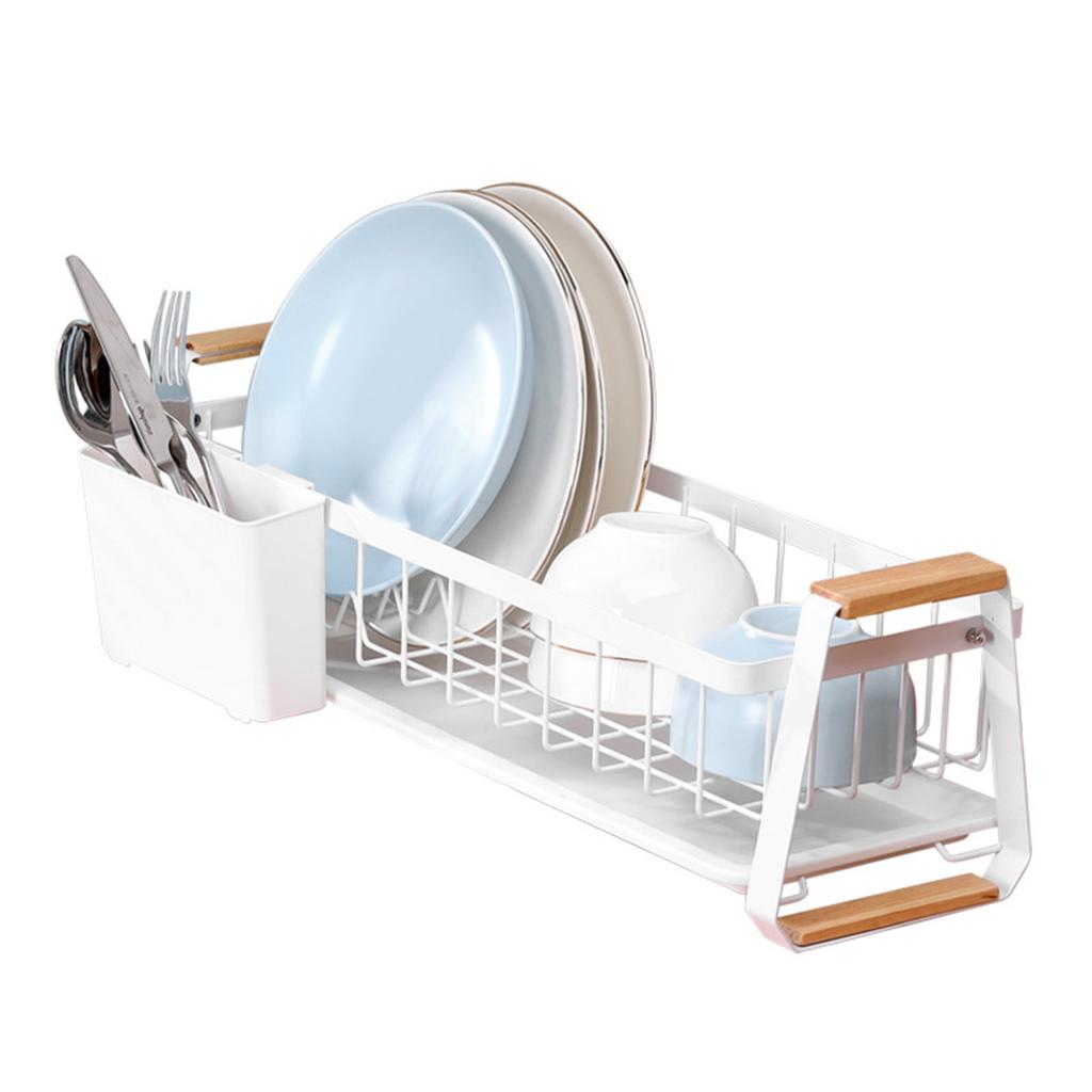 Dish Rack and Drain Board Kitchen Plate Cup Dish Drying Rack Tray Cutlery Dish Drainer with Wood Handle