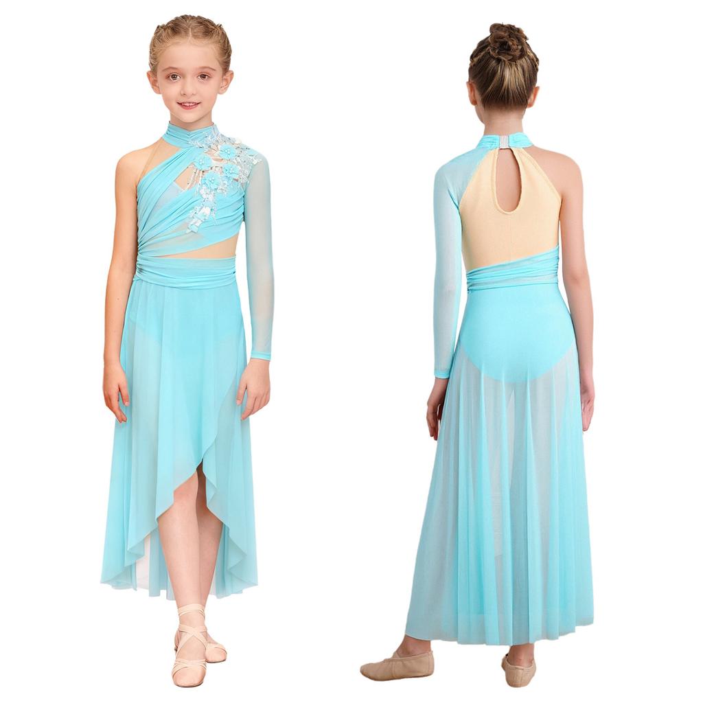 Vestido de Danza Lírica para Niñas: Elegante Aplique con Espalda de Ojal, Abertura Lateral y Diseño Asimétrico de Malla Fruncida