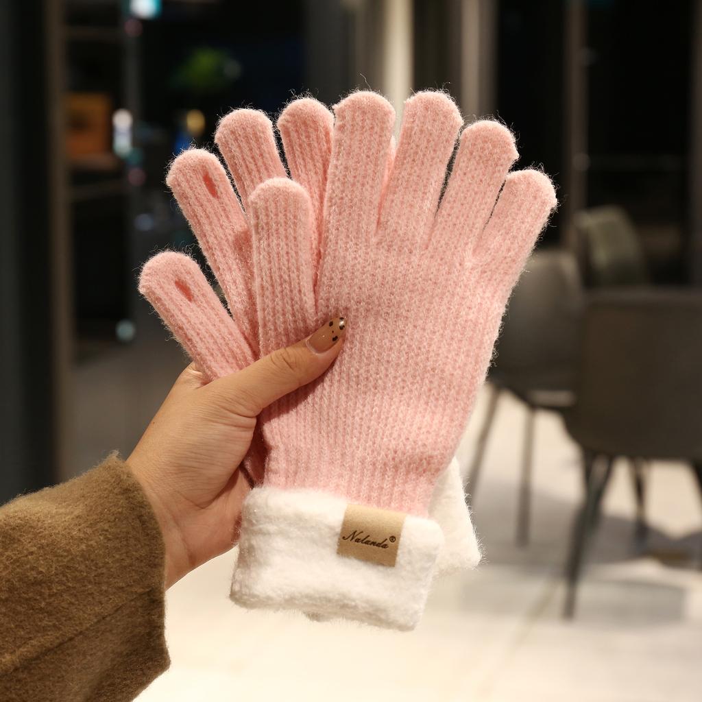 New Women's Thickened Thermal Gloves Winter Simple Plush Splicing Versatile Dew Finger Knitted Gloves