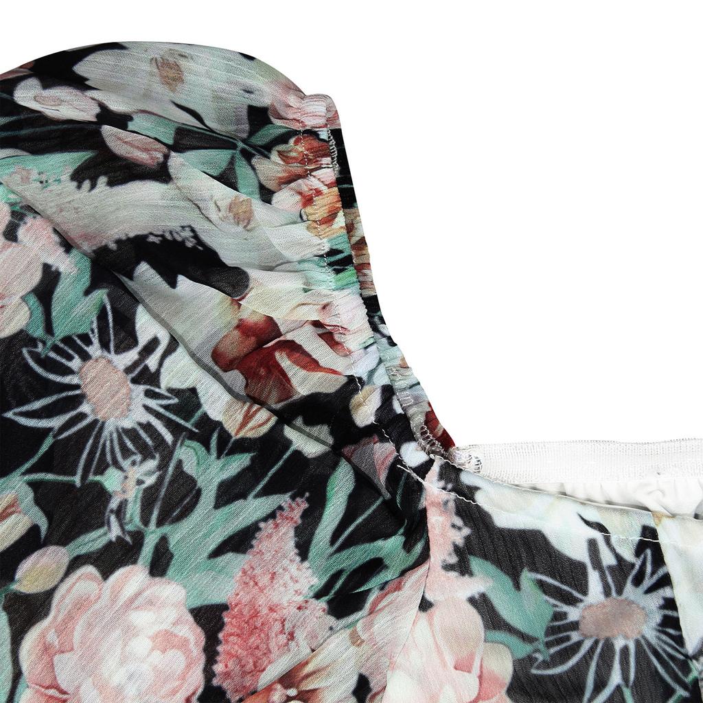 Women's Floral Print Square Neck Long Sleeve Jumpsuit with Zipper, Self-Tie Belt and Ruffle Hem