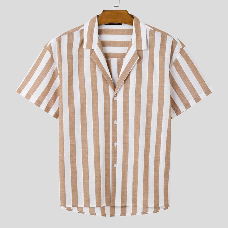 

INCERUN Summer Men Lapel Short Sleeve Striped Print Buttons Casual Shirts Tops 2XL хакі
