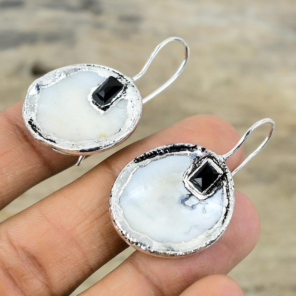 Perlmutt Edelstein Ohrringe Elektrogeformte Kupfer Ohrringe Versilberte Ohrringe Elektrogeformter Schmuck Schwarzer Onyx Ohrring Kupferschmuck