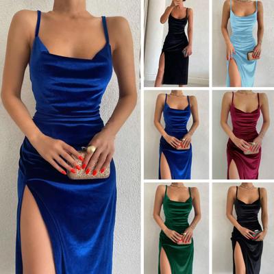 Enges Kleid mit hohem Schlitz für Damen Ärmellos Spaghetti-Träger Ausgeh-Midikleid Sexy Wasserfallausschnitt Party-Cocktailkleid