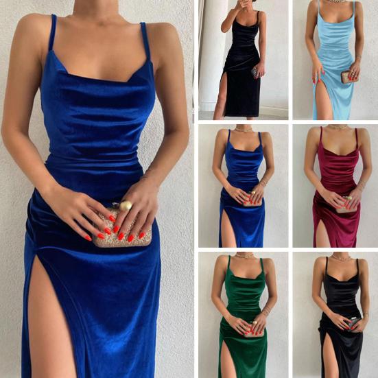 High Slit Bodycon Dress for Women Sleeveless Spaghetti Strap Going Out Midi Dress Sexy Cowl Neck Party Cocktail Dress