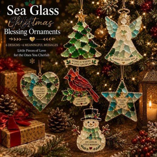 Decorative Acrylic Pendants 2Pcs Sea Glass Christmas Ornament, Seaglass Heart Bird Angel Tree Star Handmade Ornaments Snowman Pendant, Xmas