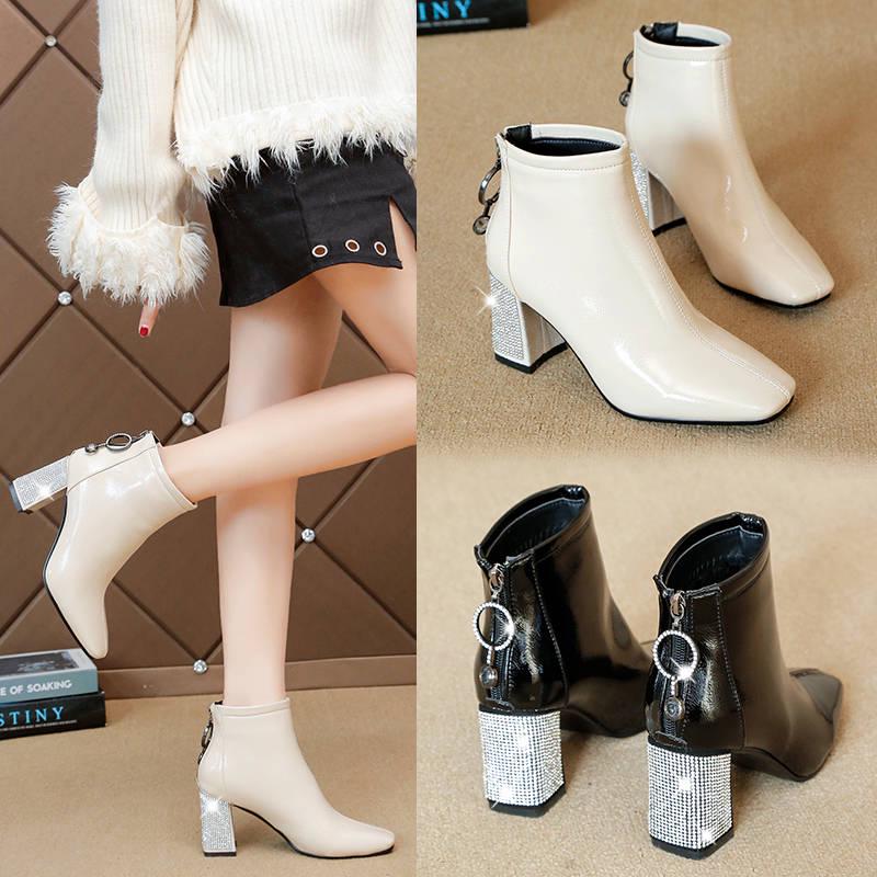 Stivali da Donna alla Moda con Zip Stivali Casual Punta Appuntita Tacco Alto Quadrato Caldi Stivaletti da Donna Taglia