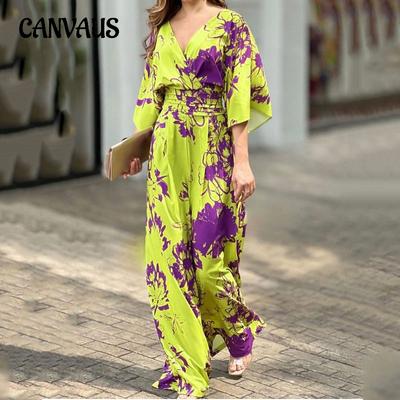 Sommer-Damen-Overall, modisch, elegant, bedruckt, Fledermausärmel, tailliert, V-Ausschnitt