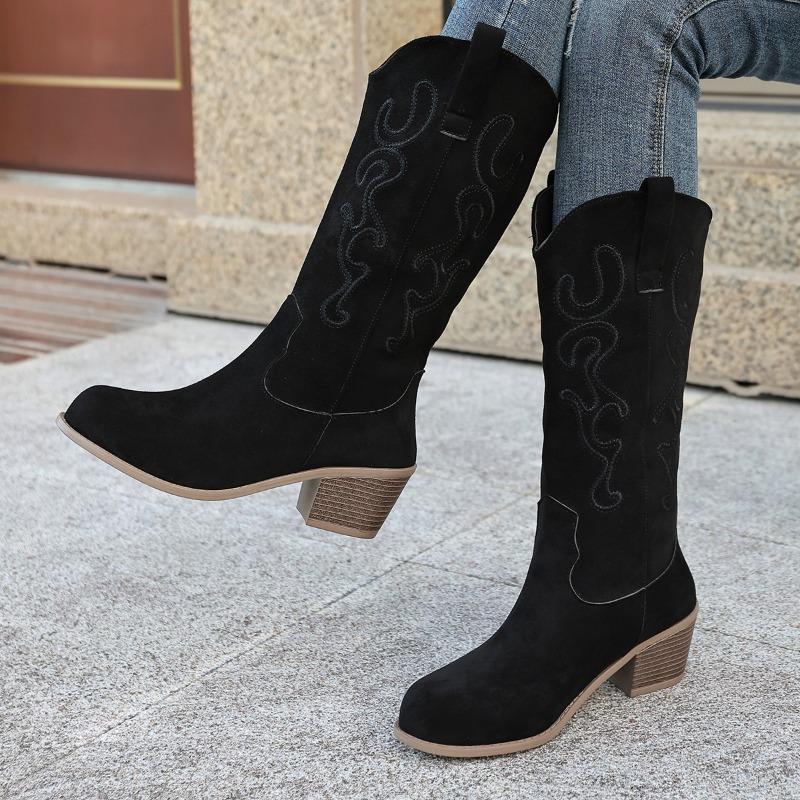 Retro Single Boots Autumn New New Round Toe Embroidered Sleeve Non-Slip Wear-Resistant Block Heel Tall Boots