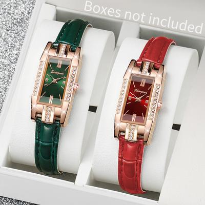2PCS/Set Women's Watches Fashion Rectangle Leather Band Quartz Watch