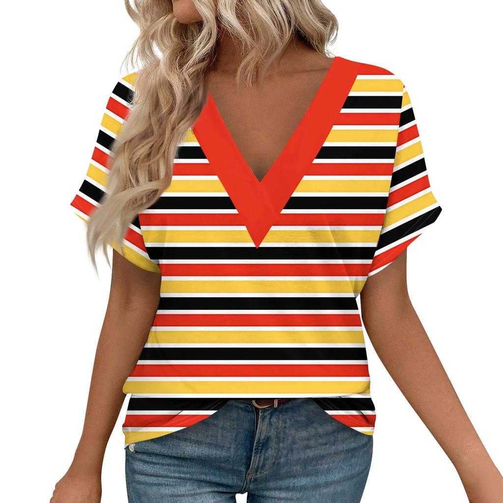 Damen Kurzarmshirts V-Ausschnitt Print Tops Freizeitoberteile Basic Tees Bluse Lockere Oberteile