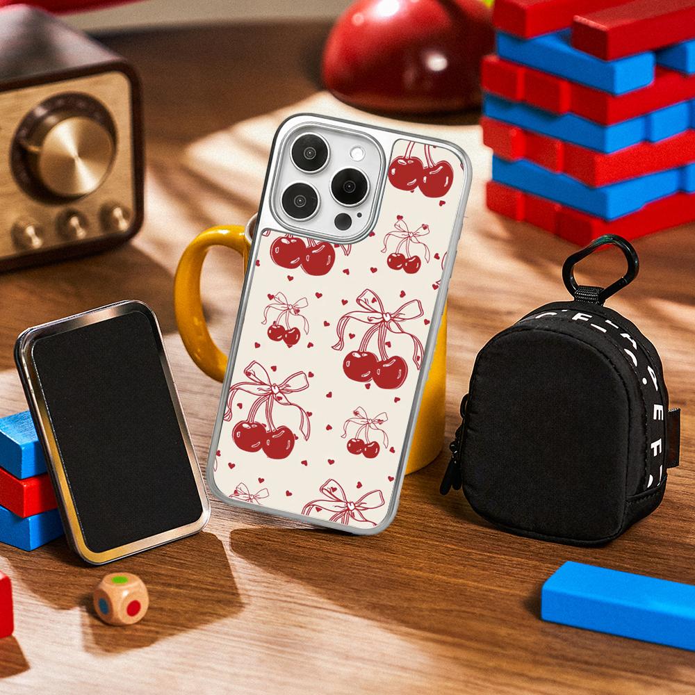 

Pink Cherry cute lovely poster pattern Phone Case for iPhone 16 15 14 13 12 11 Pro Max Sheepskin Silver-edged protective case iPhone16Plus