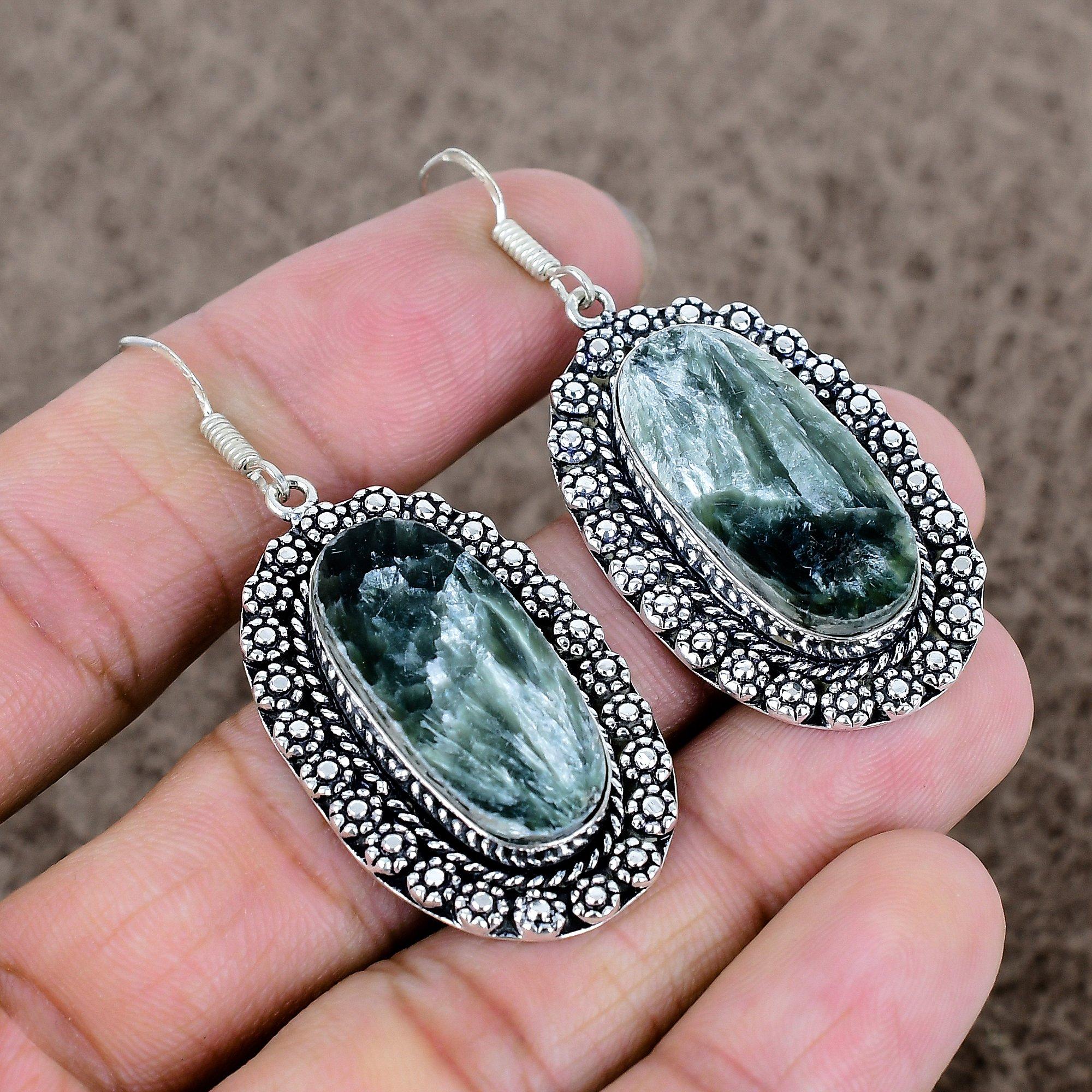 

Seraphinite Gemstone Handmade 925 Sterling Silver Jewelry Earring 2.21 KKG-694