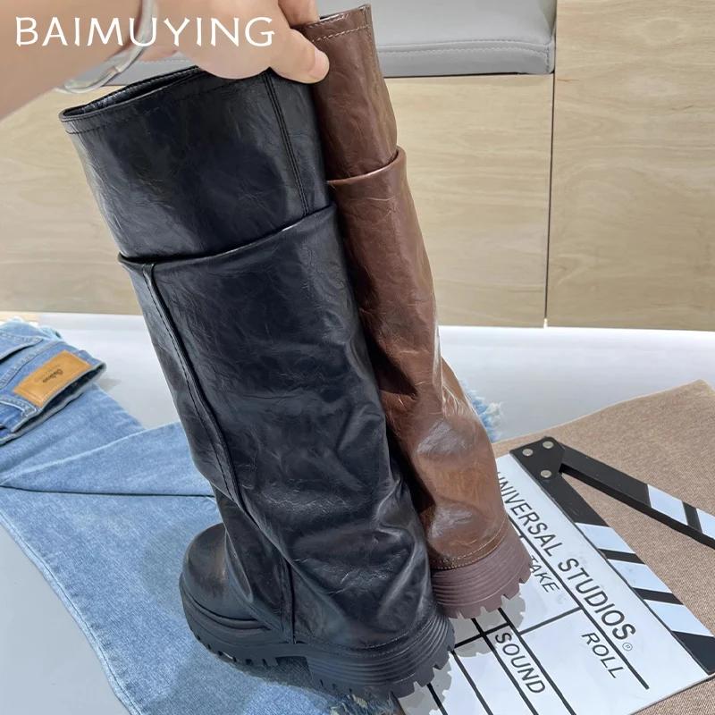 Platform Women Chunky High Boots Leather Fad Knee High Mid Heels Shoes 2025 Trend Designer Goth Winter Motorcycle Botas De Mujer