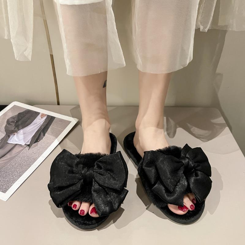 fashion 2024 Winter New Women's Home Solid Color Bow Decorated Fluffy Furry Cotton Slippers