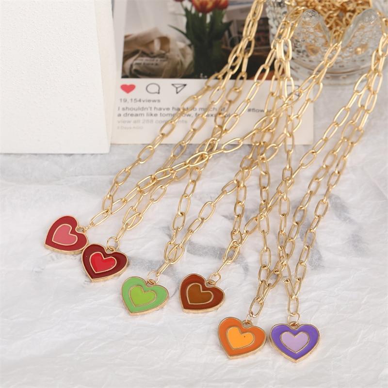 iF ME Vintage Colorful Multiple Love Heart Necklace Pendant for Women Girl Silver Hiphop Punk Long Beads Chain Necklaces Jewelry