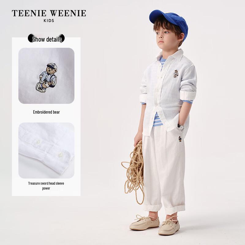 Teenie Weenie Kids Unisex Linen Embroidered Bear Shirt
