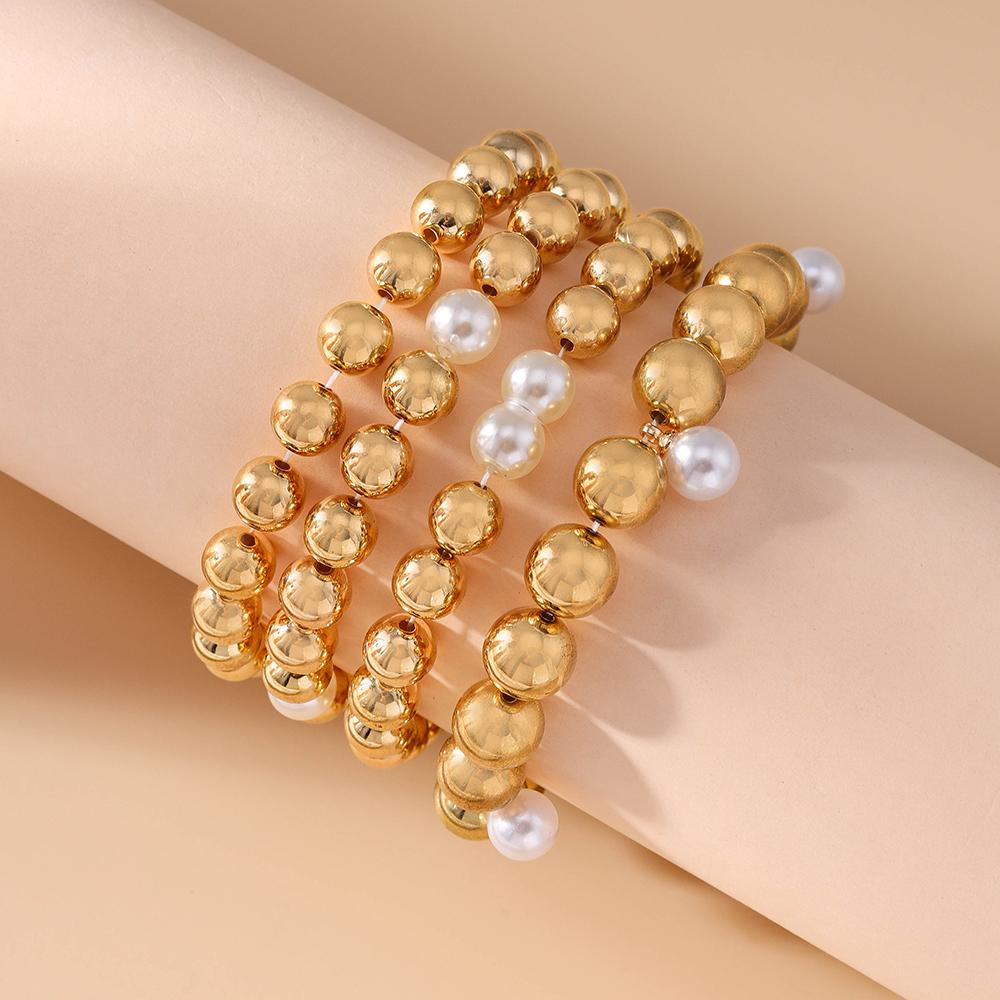 4pcs Fashion Gold Color Pearl Ball Beaded Bracelet for Women Men Round CCB Beads Bracelets Bangle Jewelry Gifts