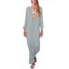 Women’s Printed Long Sleeve U-neck Maxi Dress Split Hem Baggy Kaftan Long Dress