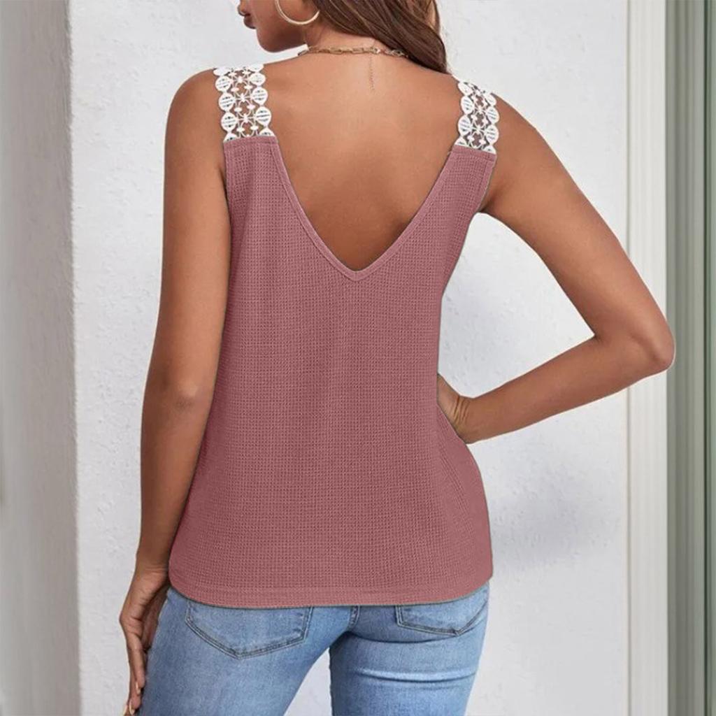 Fashionable Women's Solid Color Casual Lace  Stitching Vest T-shirt Top