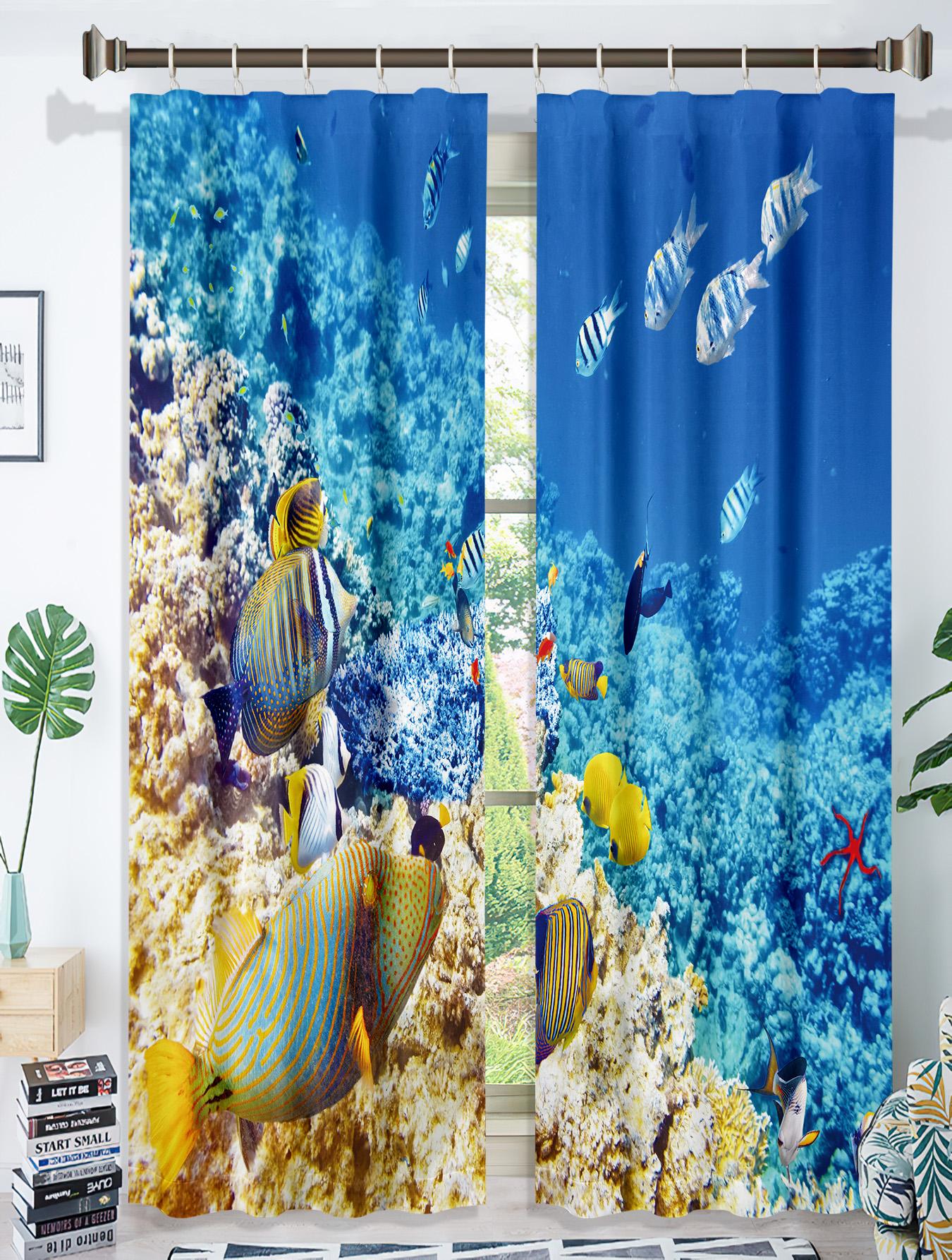 

Готовые тонкие шторы на окна с изображением подводного мира дельфина для детей, спальни, гостиной, ванной комнаты, кухни, двери прихожей Home2Pieces W50 X H130(CM)X2&Grommet Top