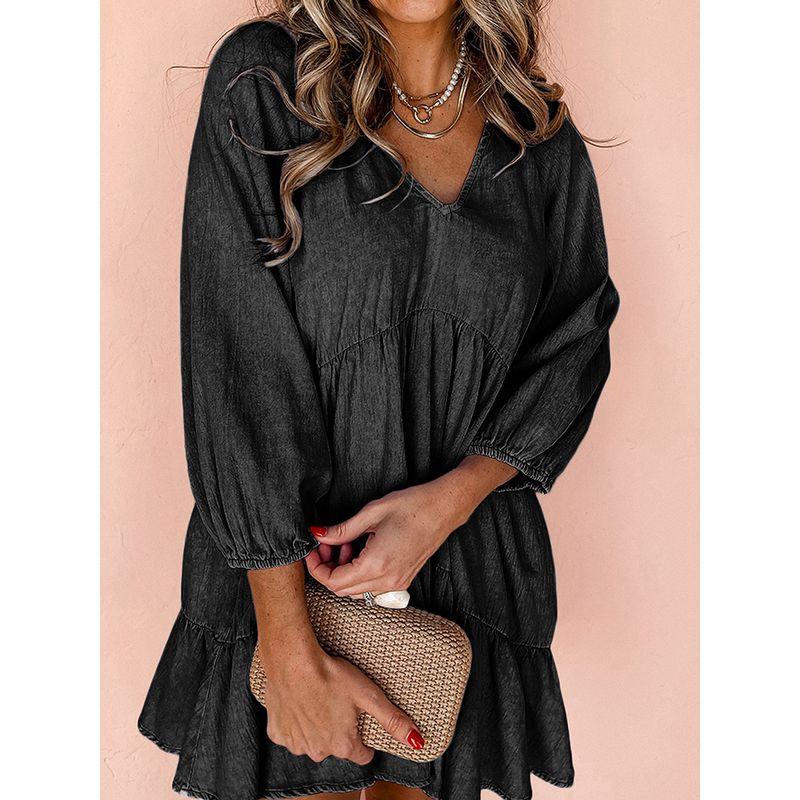 2025 Spring Thin Solid Color and V-neck Dress Women's European and American Leisure Loose Layered High Waist Knee-Length Skirt Women