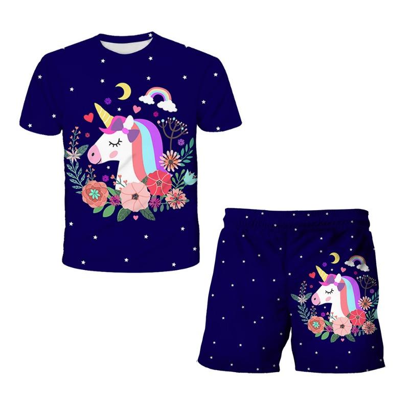 Unicorn Fashion Cute Girl Top T-shirt Short Sleeve+Shorts Two Piece Set Girls' and Children's Top Short Sleeve