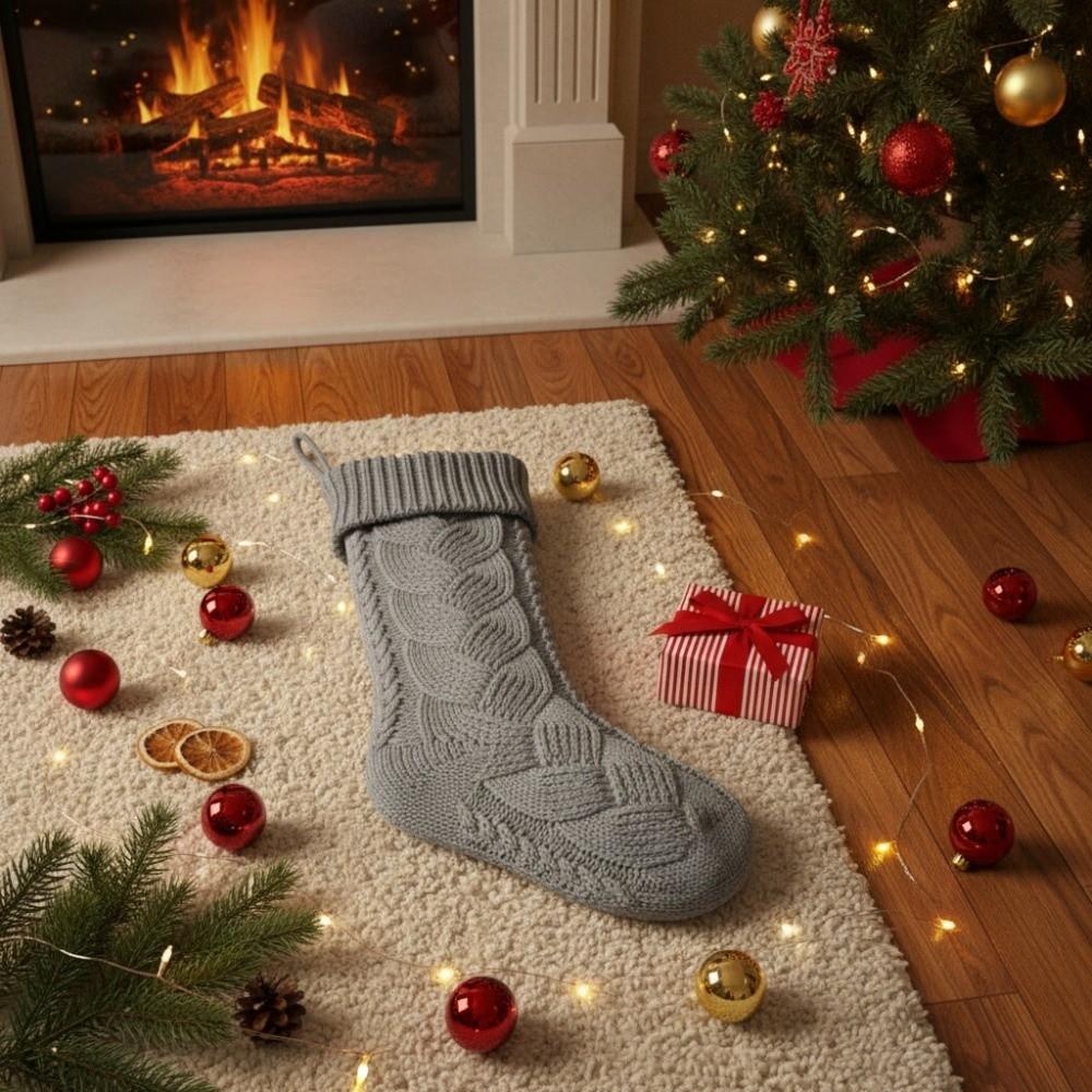 Yarn Knitted Christmas Socking Solid Color Christmas Gift Bag Xmas Tree Hanging Ornaments Holiday