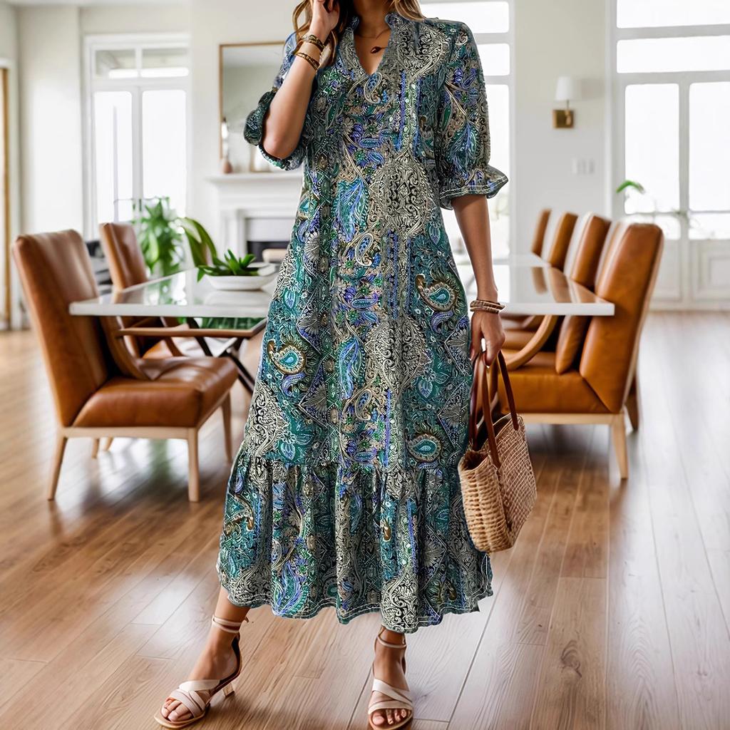 Women's New Fashion Printed Sexy V-neck Long Sleeved Lace Up Long Bohemian Casual Loose Dress