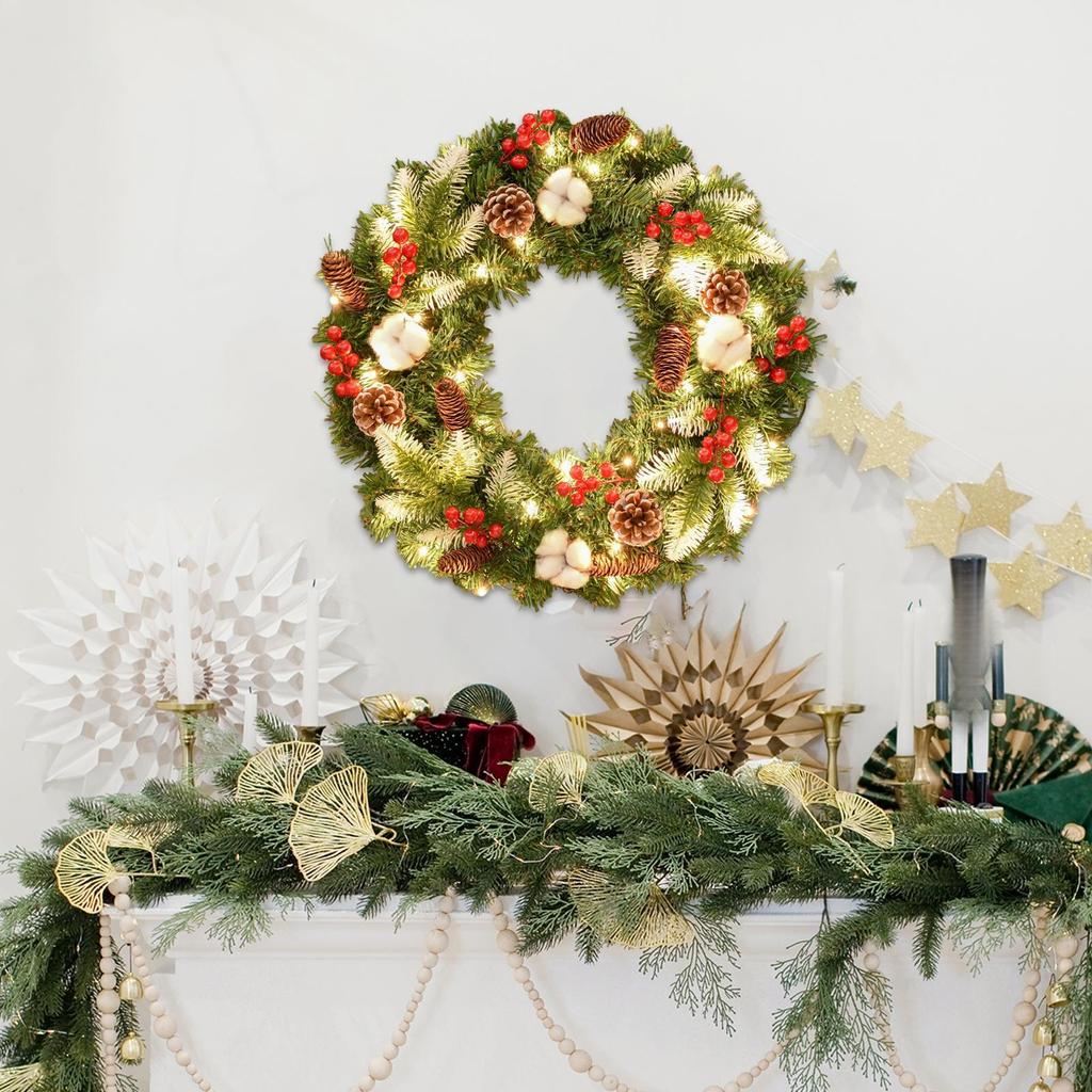 Christmas Wreath with Lights Green Leaves for Front Door Window Wall