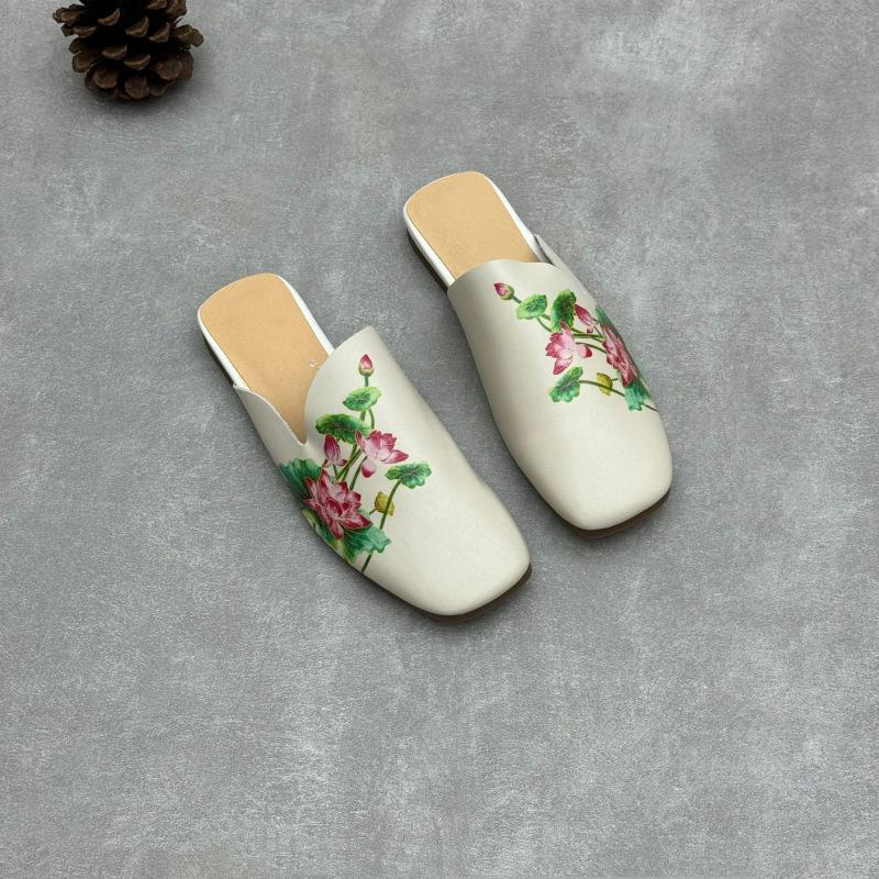 

Летние ретро-тапочки в этническом стиле с рисунком цветка лотоса, мягкие и прохладные, из натуральной кожи для женщин 40 бежевый