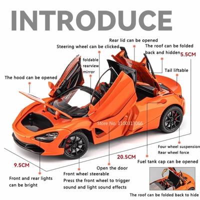 1:24 Scale 720S Alloy Cars Models Diecasting Model High Simulation Light Sound Pull Back Vehicles Toys Children Collection Gifts