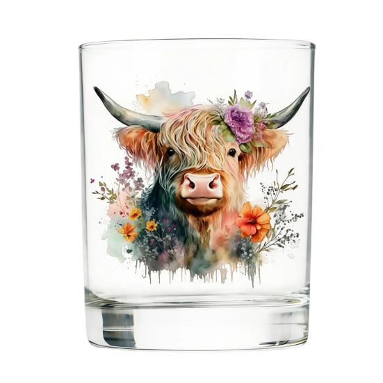Bicchiere in Vetro Mucca delle Highlands, Bicchiere Termico Acquerello Floreale Dipinto a Mano, Tazza Trasparente per Latte Caffè Whiskey, Regalo per Amanti degli Animali