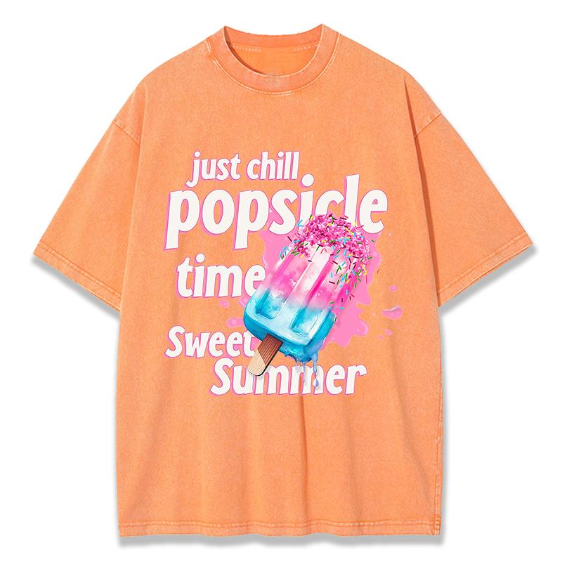 Just Chill Popsicle Time Sweet Summer Cotton Washed TShirt Women Oversize Tops Casual ONeck Distressed T Shirt Hip Hop Clothes