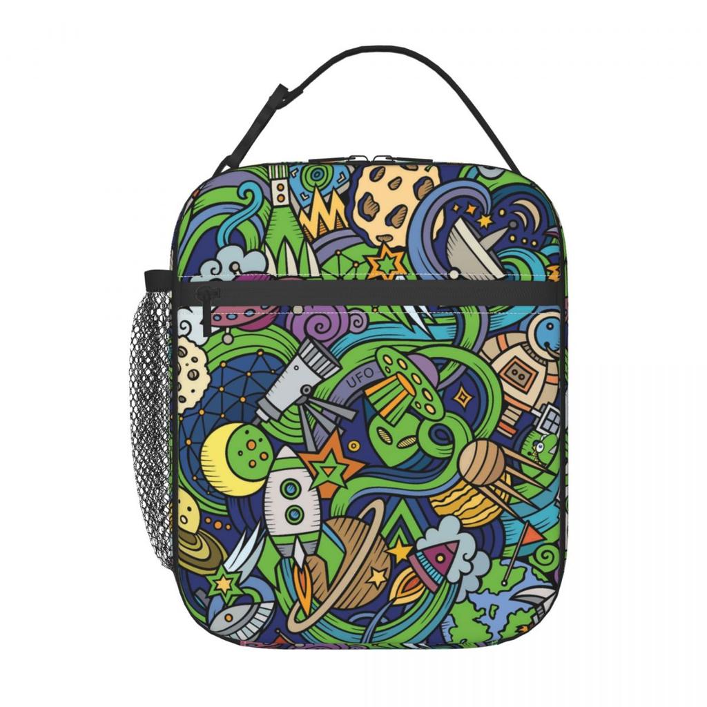 Colour Alien Rocket Spaceship Pattern Insulated Lunch Bag for Women Children Portable Food Boxes Thermal Lunch Box Tote
