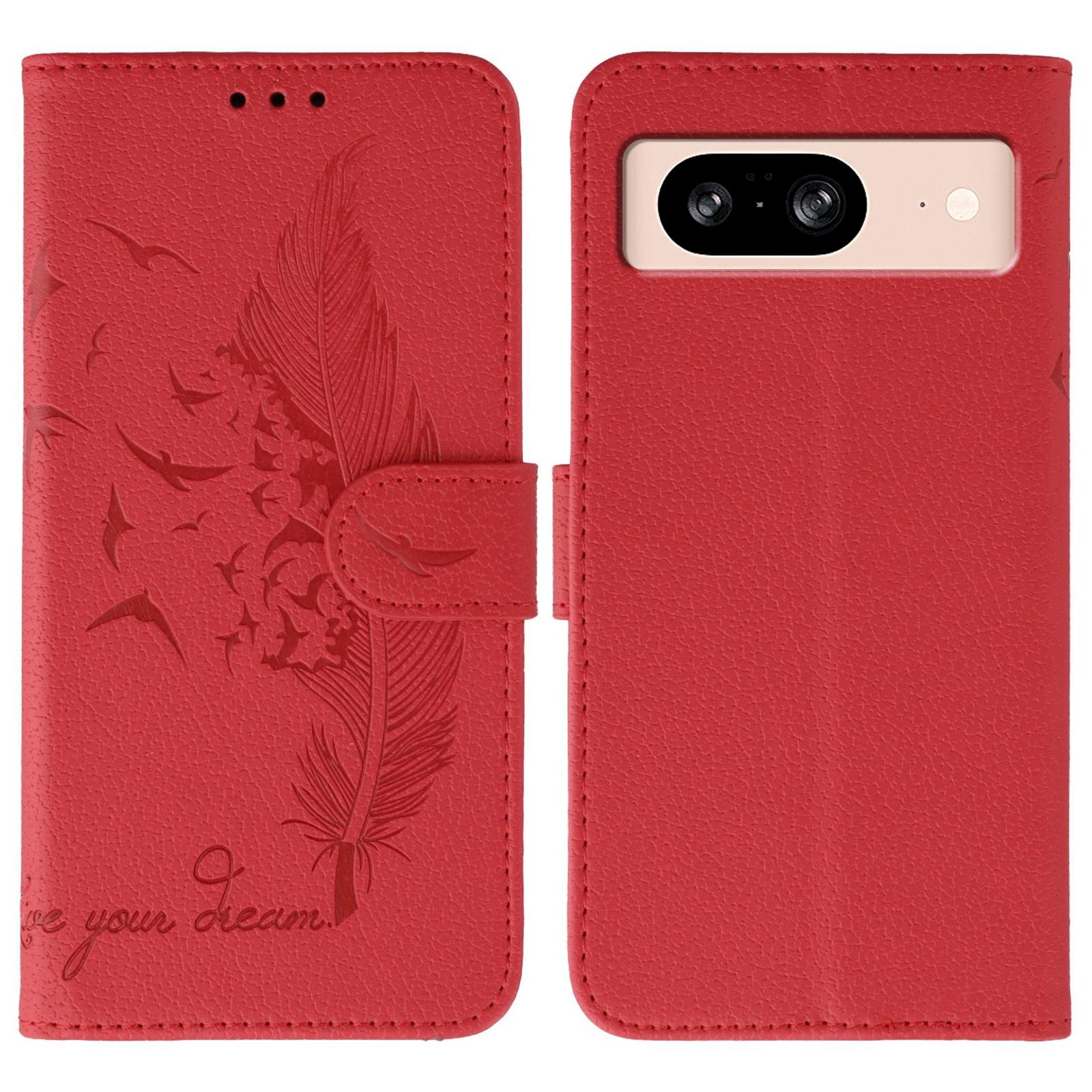 

For Google Pixel 8 Case Feather Imprint PU Leather Wallet Phone Cover Red