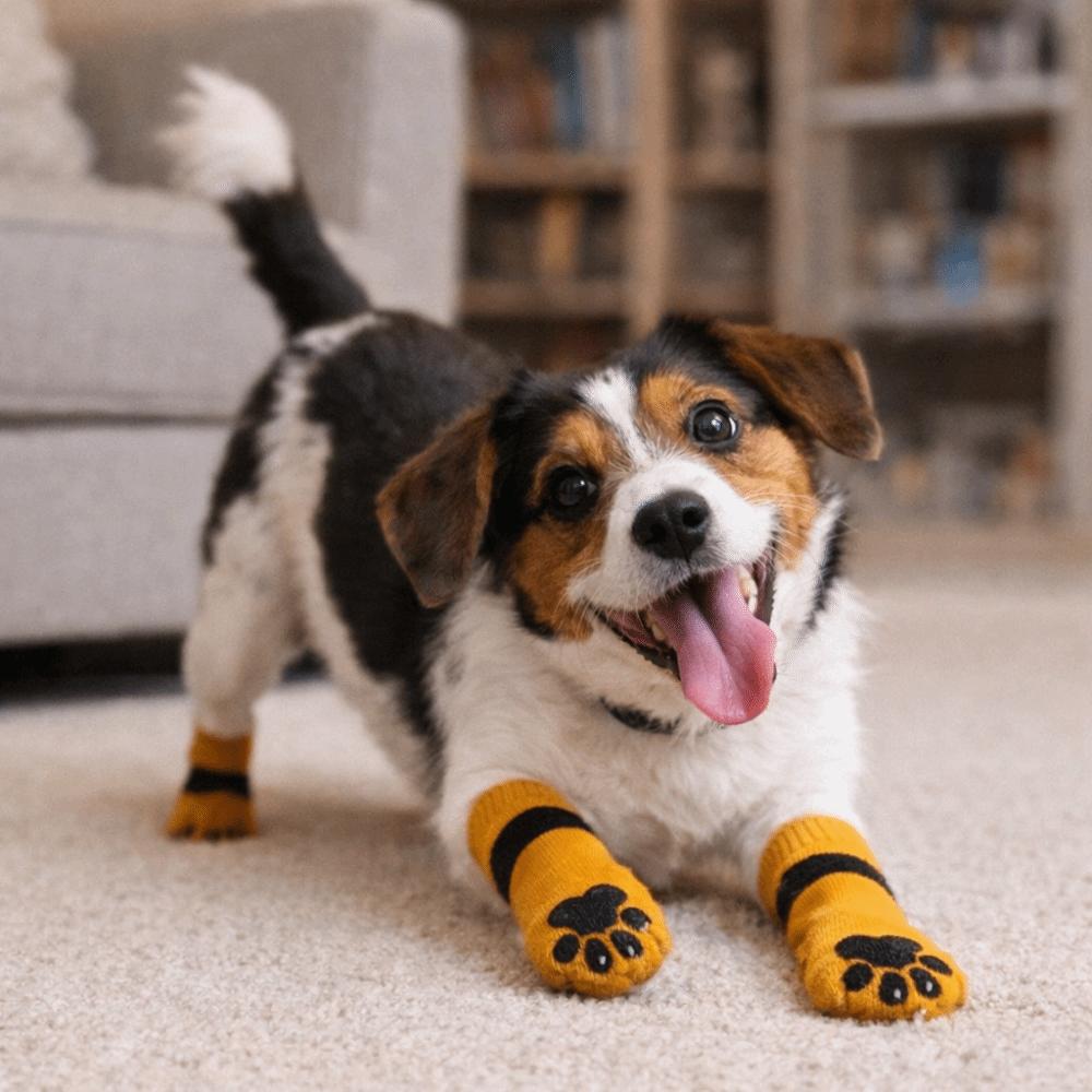 4PCS Cartoon Bear Pattern Dog Anti-slip Socks Soft Pet Floor Socks Pet Foot Cover  for Puppy Dogs