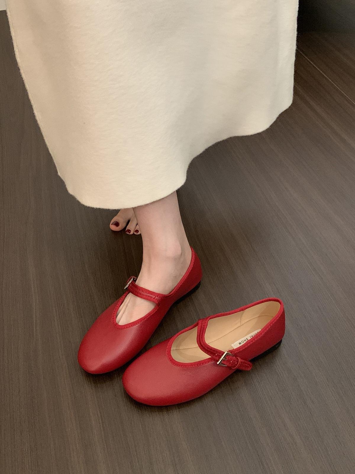 

Одно слово с туфлями Мэри Джейн женские весенне-осенние туфли-балетки с неглубоким вырезом плоские красные туфли бабушки 35 красный