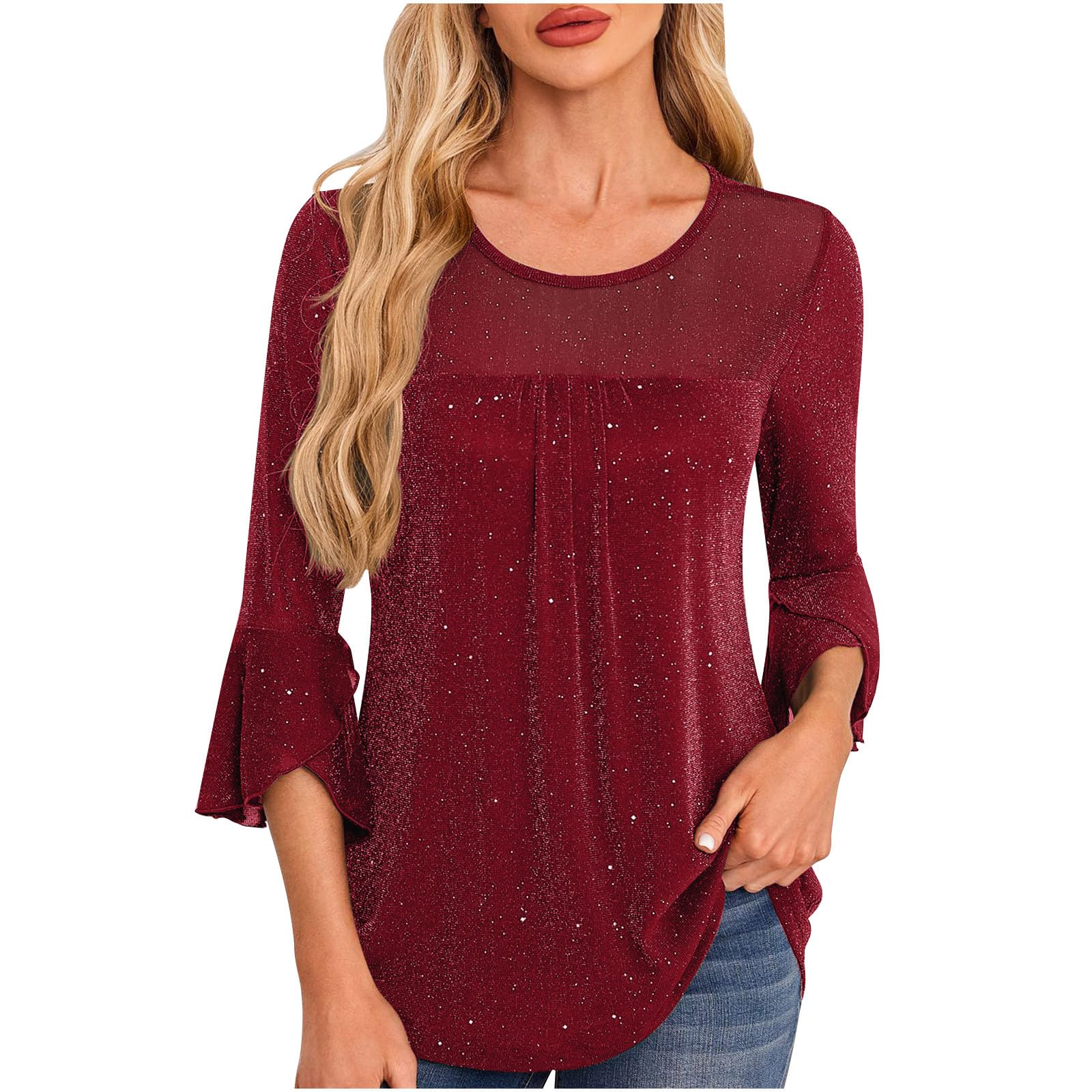 

Women s Solid Color Seven Quarter Sleeved Shirt With Pleated Flared Sleeves And Round Neck Mesh Top XL