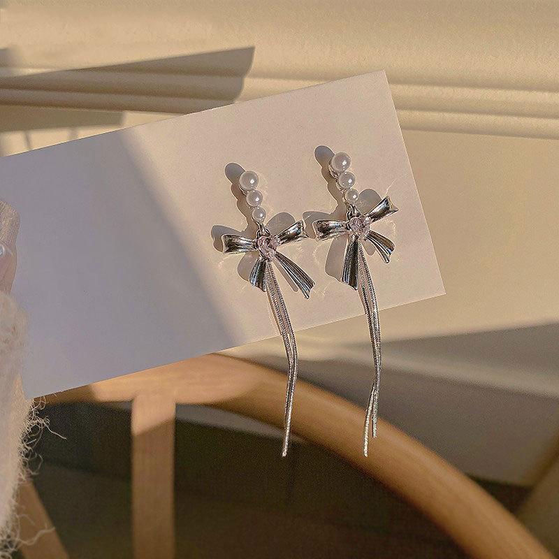 Pearl Bow Tassel Earrings for Women with Niche Design High-end Long Style