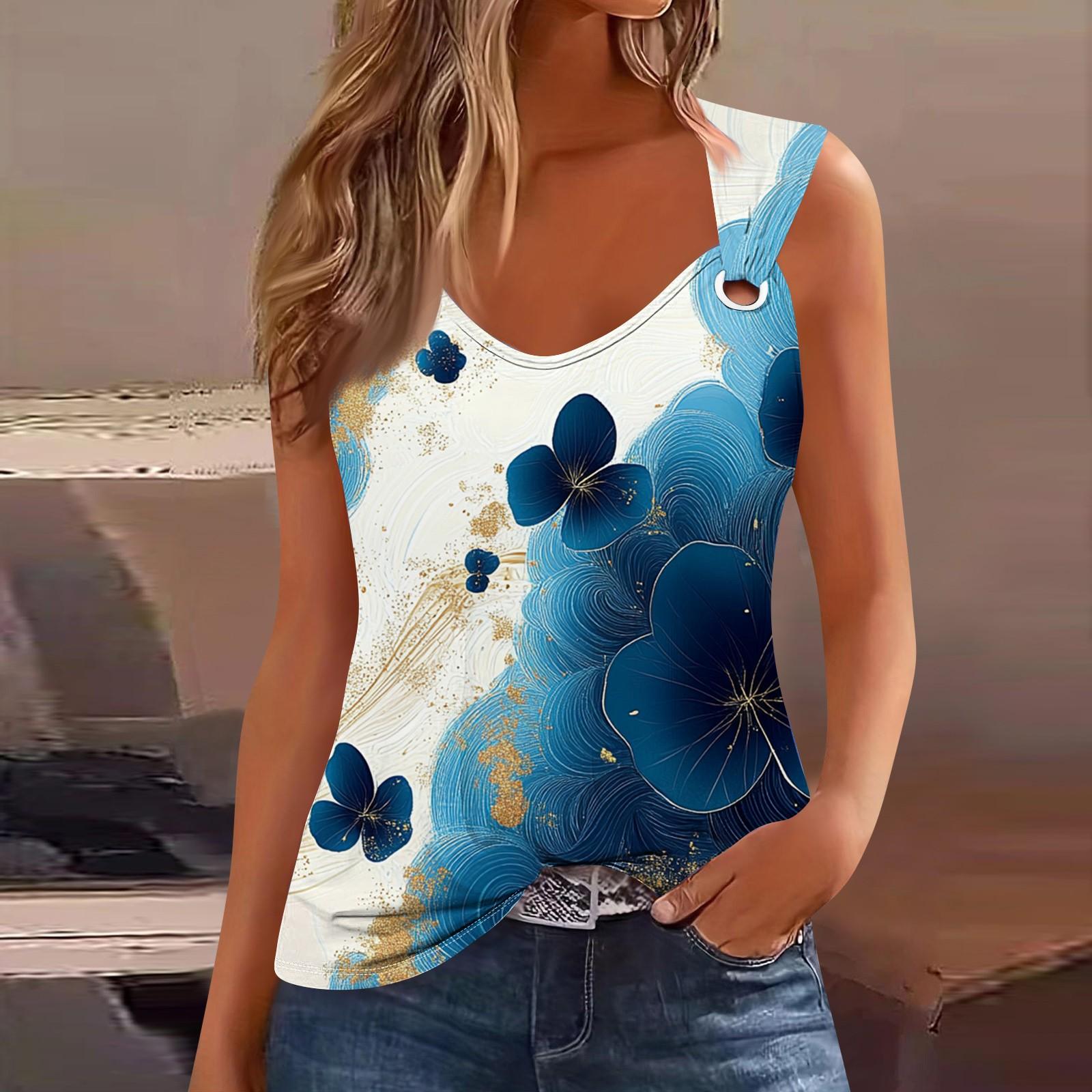 Женская майка с V-образным вырезом, базовая, с принтом, повседневная, струящаяся, без рукавов, с глубокими боковыми вырезами для женщин M синий