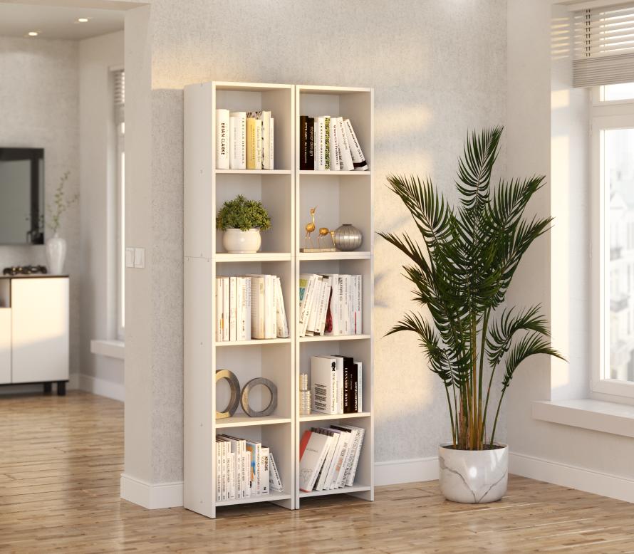 White Office Bookshelf 40cm 5 Shelves Standing Column For Toys Living Room