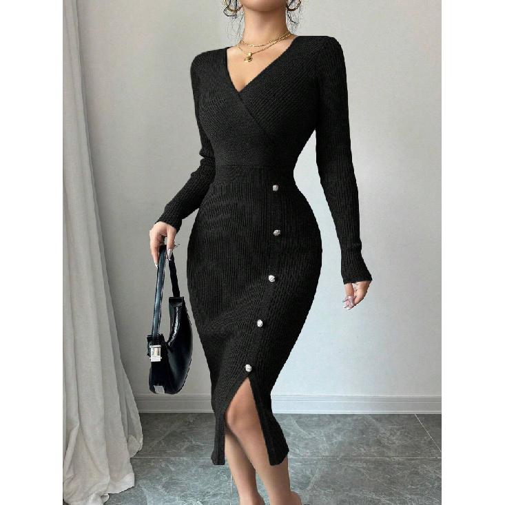 Dámský pletený zavinovací svetr s vysokým pasem, bodycon základní vrstva, spodní prádlo, středně dlouhý, s výstřihem do V, dlouhý rukáv, polyester, podzim zima