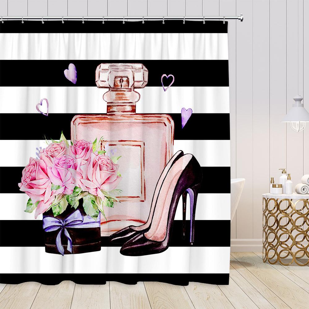 Pink Perfume Fashion Shower Curtains Cosmetics High-heels Dress Floral Bathroom Decorations Girl Vintage Bath Curtain with Hooks