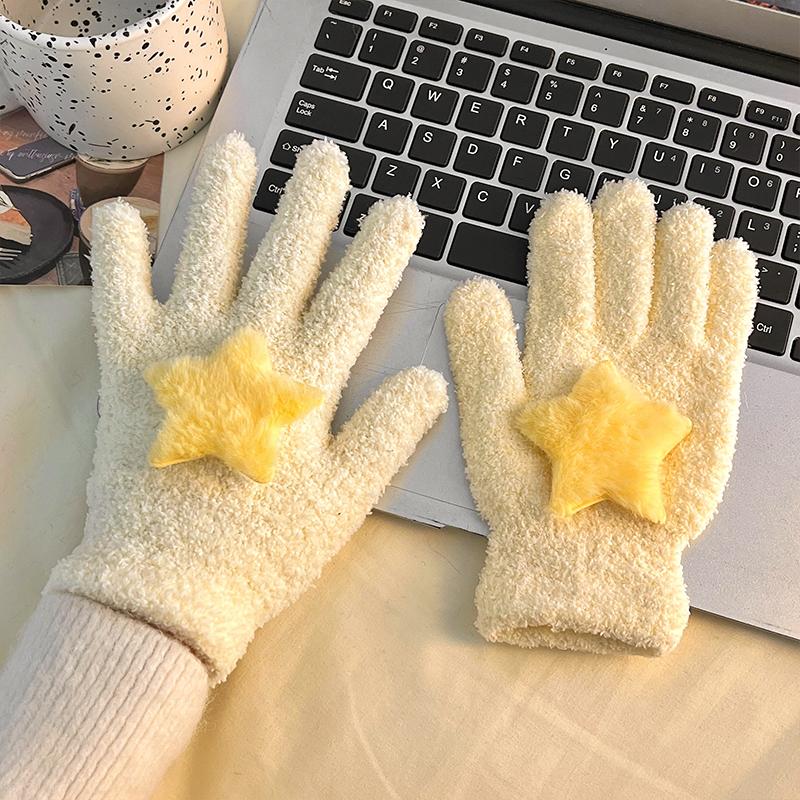 Women Coral Velvet Gloves Outdoor Warmer Soft Cartoon Star Cute Plush Cycling Solid Winter