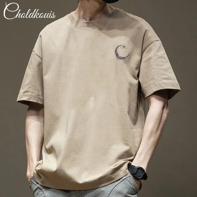 Men Gray Crescent Star Print Crew Neck Short Sleeve Oversized T Shirt S