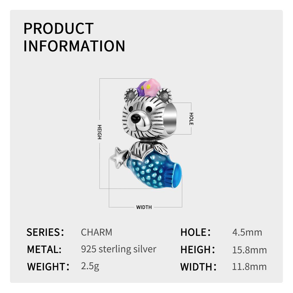 Little Bear Mermaid Charm pärlor Autentiska 925 Sterling Silver Emalj Blå smycken för kvinnor Armband Fina smycken gör pärlor