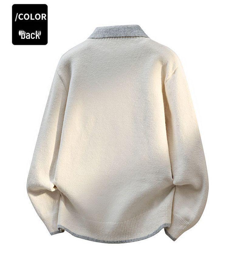 Men's Trendy Faux Two-Piece Lapel Sweater - Autumn/Winter Thickened Velvet Casual Knit Base Layer