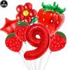 9pcs Strawberry Balloons Kits Birthday Decorations for Girls 32inch 0-9 Number Balloons for Strawberry Birthday Party Decors